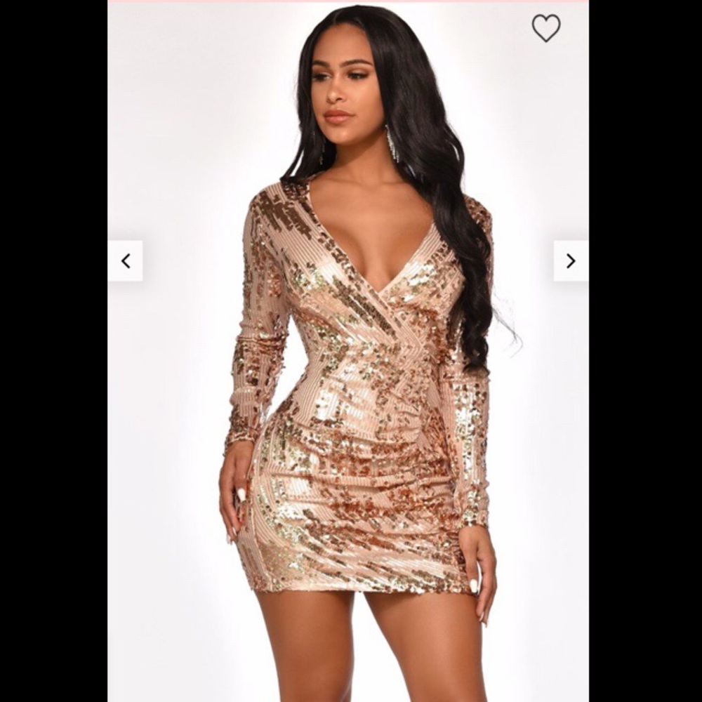Tan & Gold Long Sleeve Backless Sequence Dress